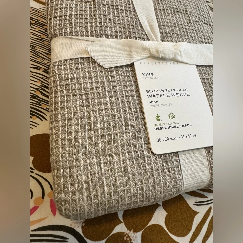 NEW Pottery Barn Belgian Flax Linen Waffle Weave King Pillow Sham Eucalyptus NWT
